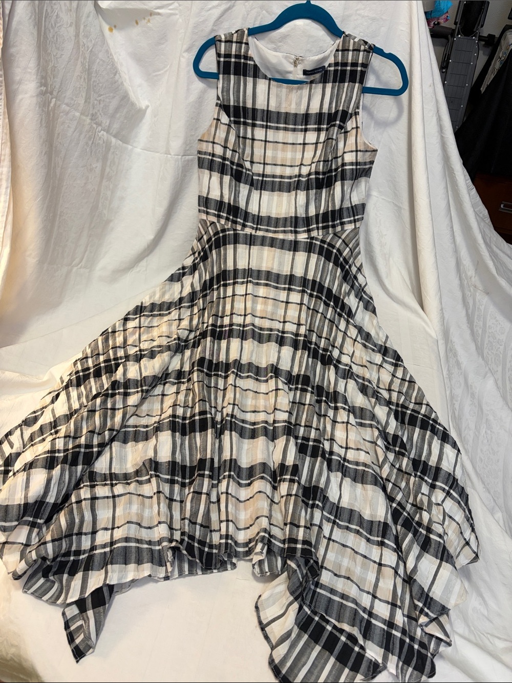 Tommy Hilfiger Black and Cream Plaid Sleeveless Fit-and-Flare Dress